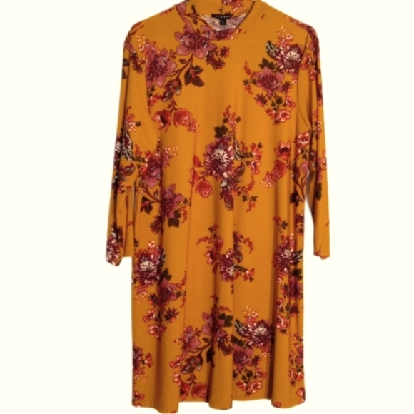 As You Wish Dress Shift Women XL Knee Length Mustard Floral Long Sleeve Stretch - Picture 1 of 8
